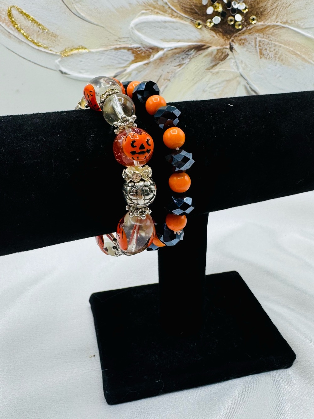 Halloween Bracelet Set of 2 Orange Black Pumpkin Beaded Stretch Bracelets